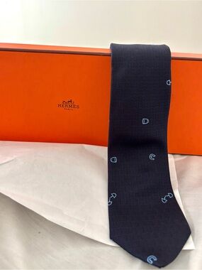 Hermès Navy Tie with Light Blue Stitch Motifs